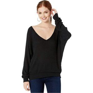 Free People NWT Santa Clara Thermal Long Sleeve V Neck Top Black Size Medium